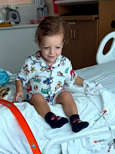 Carter sitting up on his hospital bed with his tiger